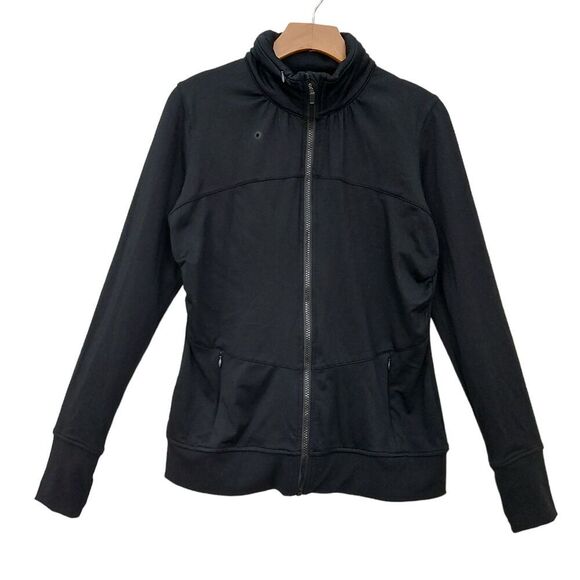 Fabletics Kira Hooded Jacket Womens Large Black Full Zip Thumbholes Athletic - Picture 1 of 13